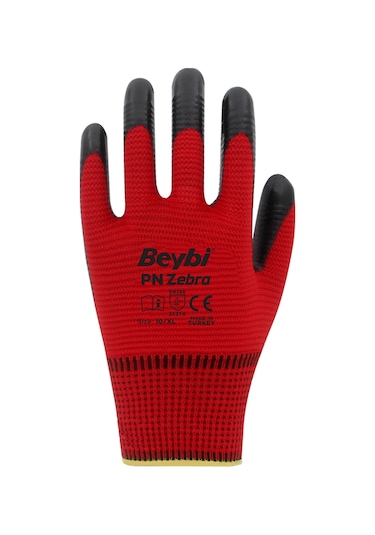 Beybi PN Zebra Polyester Örme Nitril İş Eldiveni – Kırmızı - Siyah