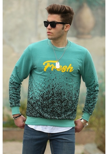 Yeşil Baskılı Bisiklet Yaka Sweatshirt