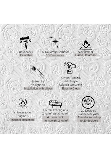 3d Duvar Paneli Boyanabilir Dekota 60x120 Cm / Güllü Desenli 7'li Paket-5 M²