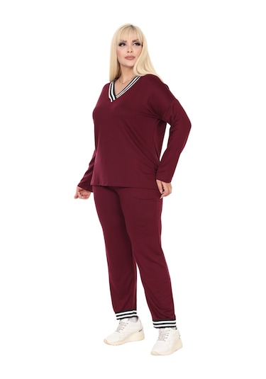 Melsay Butik Bordo V Yaka Yakası Şerit Detaylı Eşofman Takımı Bordo