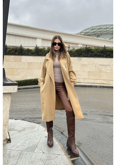 Kadın Vizon Balon Kol Beli Kemerli Midi Kaşe Kaban Astarsız Sütlü Kahverengi