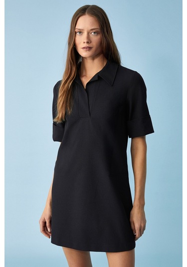 Nouru Kadın Polo Yaka Kısa Kol Oversize Fit Kısa Siyah Elbise