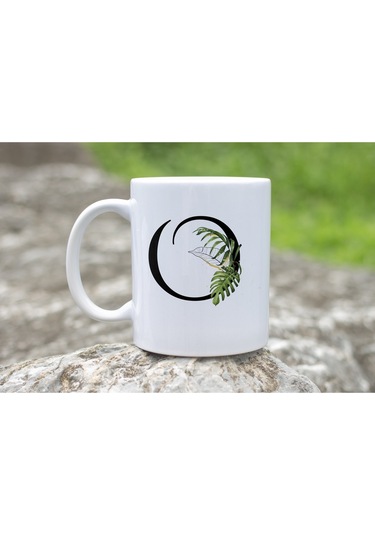 O Harf Zarif Yaprak Desenli Kupa Bardak - Naturel Sade Alfabe Harfli Bardak - Kişiye Özel Hediye Beyaz