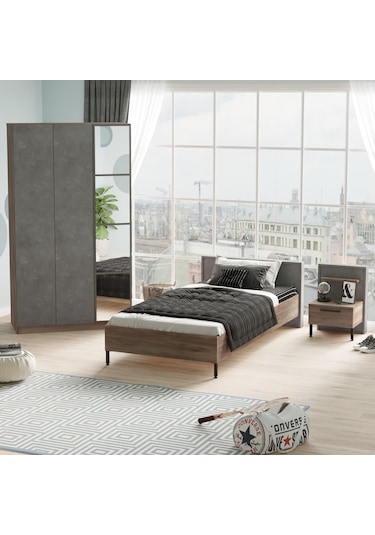 Robin Home Dream Genç Odası 3'Lü Set Karyola Komodin Gardırop Kahverengi