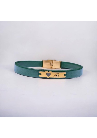 Archin B Harfine Özel Kalp Figürlü 14 Ayar Altın Plakalı Hakiki Yeşil Derili Hediye Bileklik-573harf B