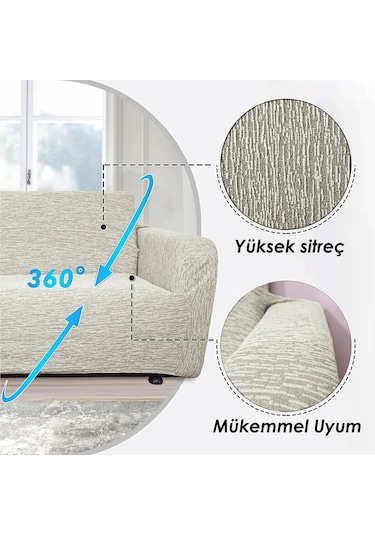 Jakarlı 3 3 1 1 Taş-gri Lastikli Kanepe Örtüsü Lastikli Koltuk Örtüsü Koltuk Kılıfı Takımı Krem 180x220