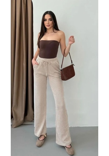 Yandan Cepli Beli Bağcıklı Su Yolu Kadın Çizgili Pantolon Kahverengi