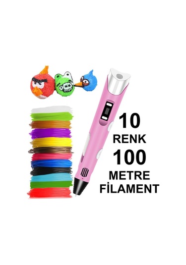 Pembe 3D Kalem Yazıcı+10 Renk 100 Metre(10X10Metre) Pla Filament
