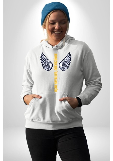 Uçan Hayaller Gökyüzünde Melek Kanatları Kadın Erkek Beyaz Kapüşonlu Sweatshirt Hoodie Beyaz