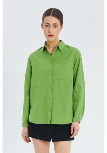 9942 Kadın Oxford Uzun Kol Basic Gömlek Fıstık Yeşili Fıstık Yeşili