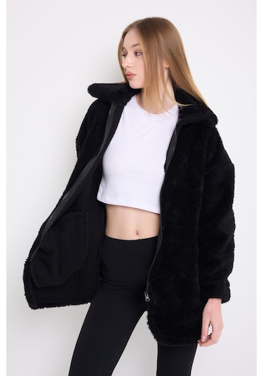 Kadın Siyah Peluş Rüzgar Geçirmez Welsoft Çift Cepli Kışlık Mont Kaban Siyah