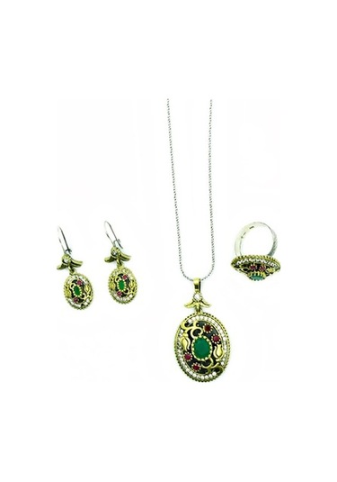 Kök Yakut Ve Zümrüt Taşlı Otantik Oksitli Gümüş Kadın Set Yüzük K