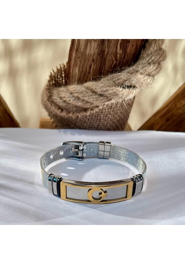 Ay Yıldız Figürlü Silver-gold Kemer Kordonlu Çelik Bileklik Altın - Gümüş