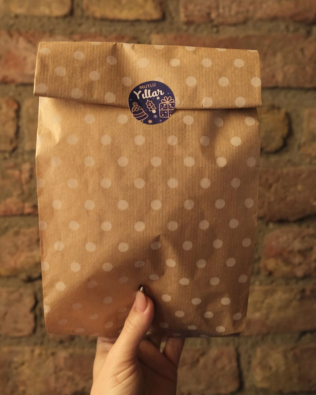 Körüklü Kraft Kese Kağıdı, Beyaz Puantiyeli Şamua Hediye, Ambalaj