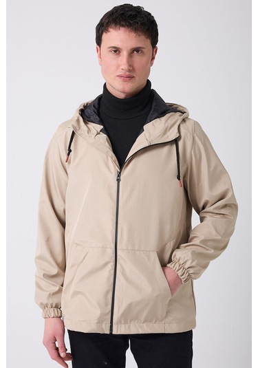 Erkek Astarlı Kanguru Cepli Su Ve Rüzgar Geçirmez Kapüşonlu Cepli Yağmurluk - Rüzgarlık Taba