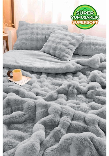 Kürk Yatak Örtüsü Çift Kişilik Dolgulu Peluş Yumuşak Çift Taraflı Yorgan 3 Parça Loria Gri Gri