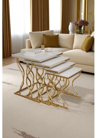 Arden Elite 4'lü Kare Zigon Sehpa Seti Gold Ayak, Krem Mdf Beyaz