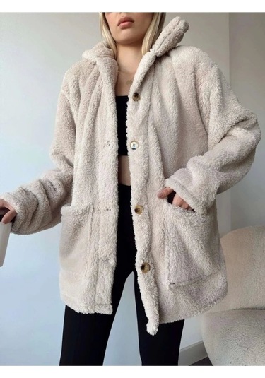 Kadın Uzun Kollu Cep Ve Düğme Detay Wellsof Kumaş Kaban Bej