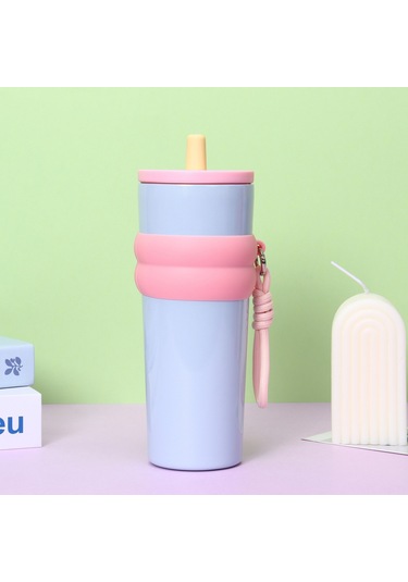 Springsun 710ml 316 Paslanmaz Çelik Isı Yalıtımlı Matara, Sürekli Su İçin Taşınabilir, Damlacık Sağlam, Araba Fincan Tutucusuna Uyumlu, Pipetli Outdoor Kupa Mavi