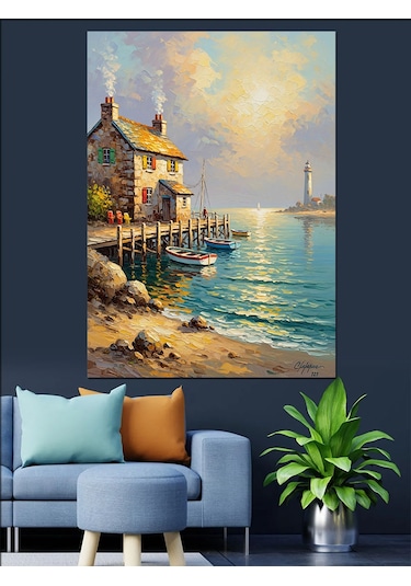 Ahşap Tablo Limanda Küçük Balıkçı Evi Yiyecek Ve İçecek Tabloları