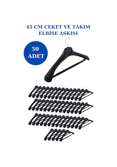 50 Adet Plastik Yüksek Kalite Ceket Askısı Elbise Askısı Siyah