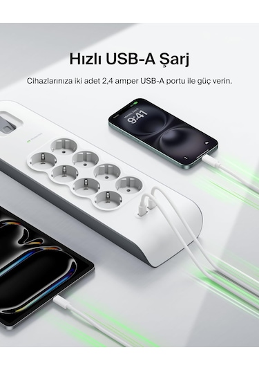 Belkin Bsv804vf2m Akım Korumalı Uzatma Priz,8 Çıkışlı Priz,2,4a Ç