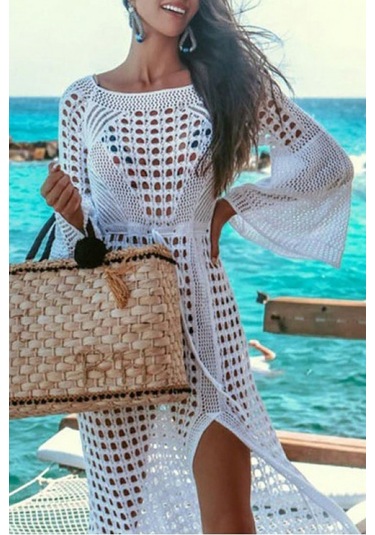 Kadın Yarasa Kol Triko Maxi Boy Pareo Beyaz