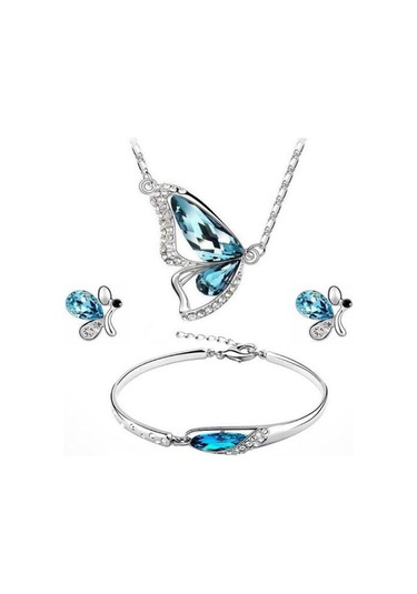 Xindoker Kadınlar İçin Mavi Kelebek Desenli Üçlü Takı Seti - Kolye, Bilezik Ve Küpe - Alli Yum Ve Kristal - Özel Günler İçin Zengin Görünüm