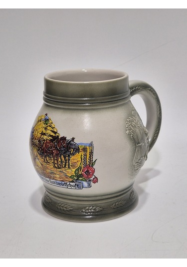 Vintage Tankart Hasat Zamanı Temalı Alman Seramik Bira Bardağı 13,5cm