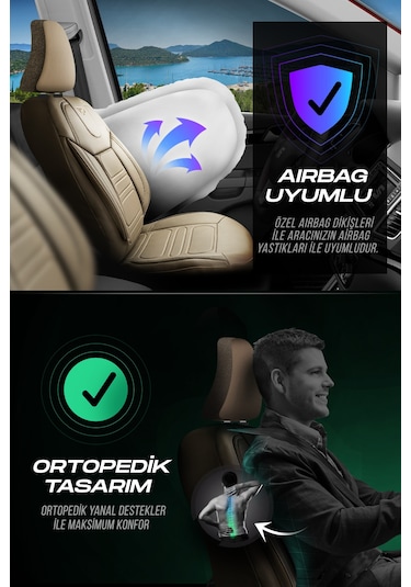 Bej - Bej Panda Rodos Serisi Deri Ortopedik Oto Koltuk Kılıfı - Tam Set
