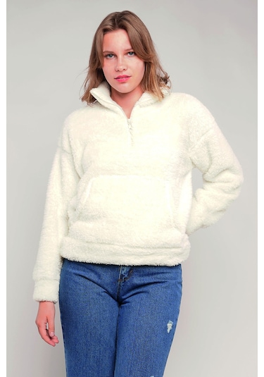 Gabria Kanguru Cepli Yarım Fermuarlı Peluş Sweat Ekru