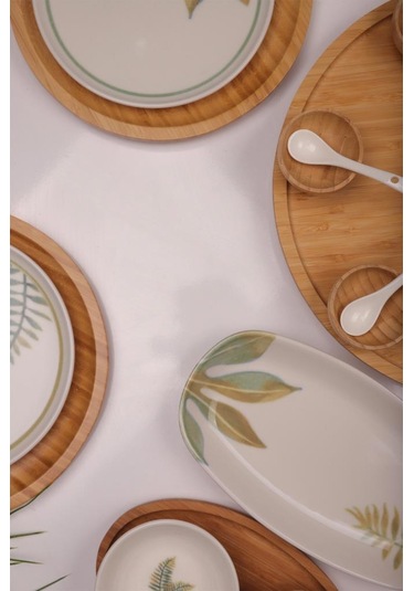 Atbyhome Dawn 6 Kişilik 42 Parça Doğal Bambu Porselen Kahvaltı Takımı Kahvaltı Seti Sunum Seti Beyaz