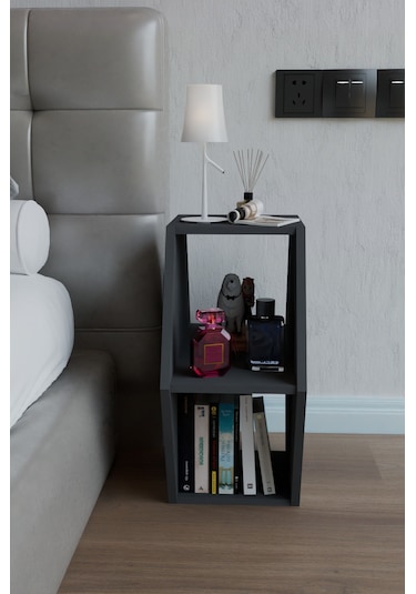 Alpa Ev Mobilya Altıgen Komodin, Modern Başucu Sehpası, Dekoratif Raflı Komodin Kitaplık Antrasit