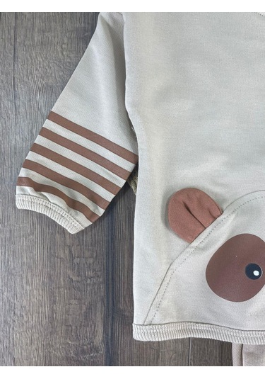 Oversize Şerit Detaylı Yumuşak Doku Bereli Erkek Bebek 3'lü Takım Krem