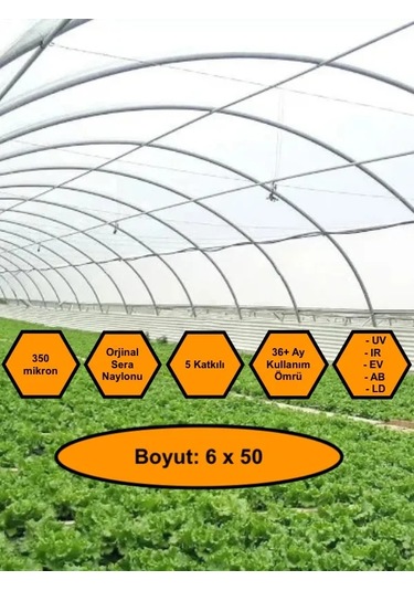 Sera Naylonu, 36 Aylık, 5 Katkılı, 350 Micron 6x50 Şeffaf Sera Örtüsü, Uv Dayanımlı, Ir, Ev, Ab, Ld