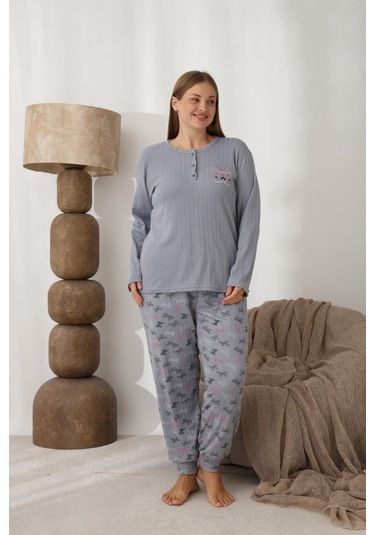 Lindros Kadın Pamuk'lu Düğme Yaka Raporlu İnterlok Kışlık Battal Pijama Takımı 0243 - 1 Adet Gri