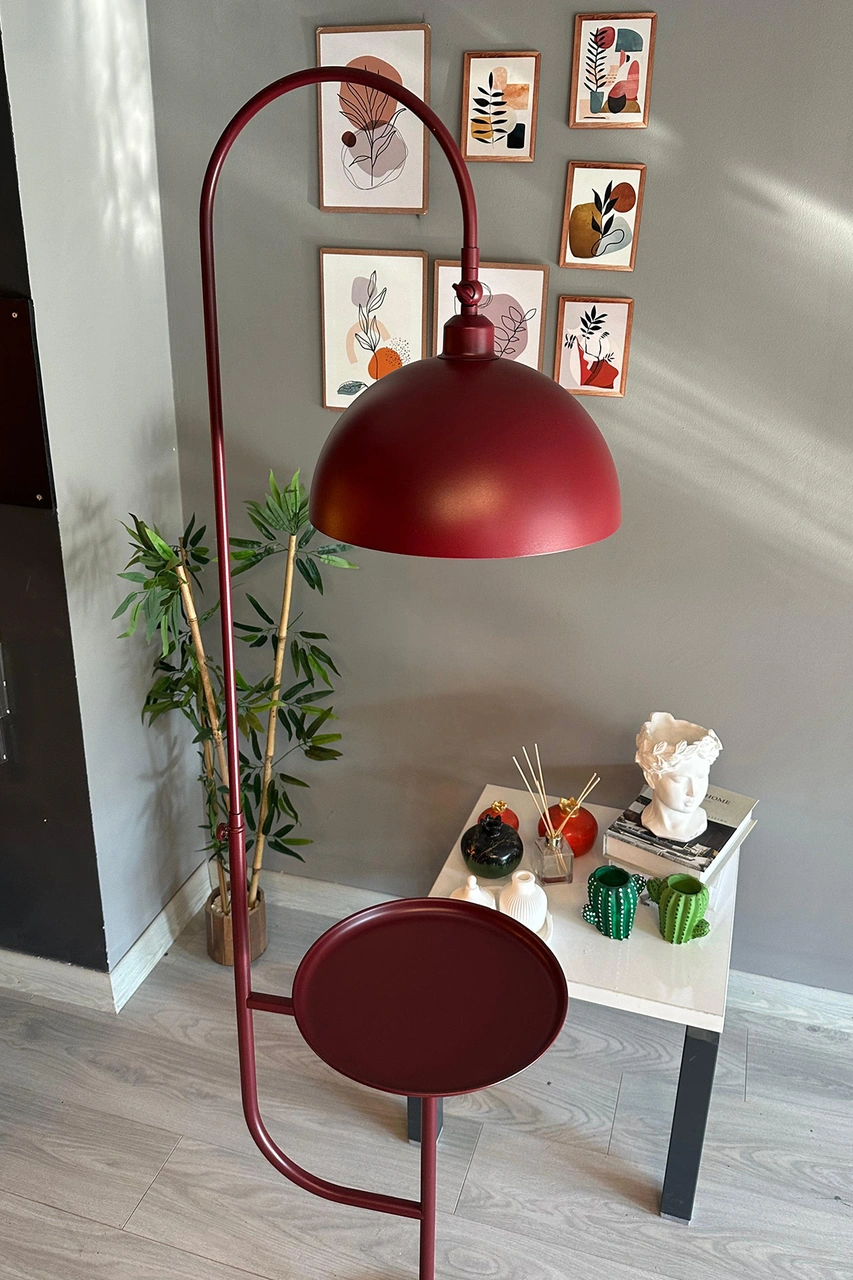 Vişne Çürüğü Lambader Hareketli Başlık Sehpalı Modern Dekoratif Metal Oturma Odası Çalışma Odası Bordo