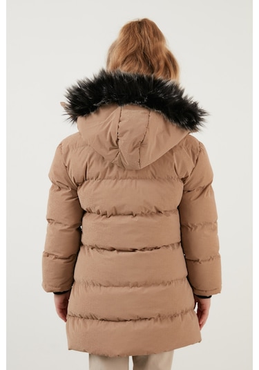 Lela Yakası Suni Kürklü Peluş Astarlı Çıkarılabilir Kapüşonlu Dar Kesim Kışlık Kız Çocuk Mont 5760002 Vizon