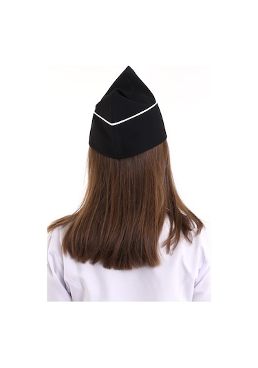 Siyah Üzerine Beyaz Biye Aşçı Kayık Kep - Unisex-Standart-Tek Parça