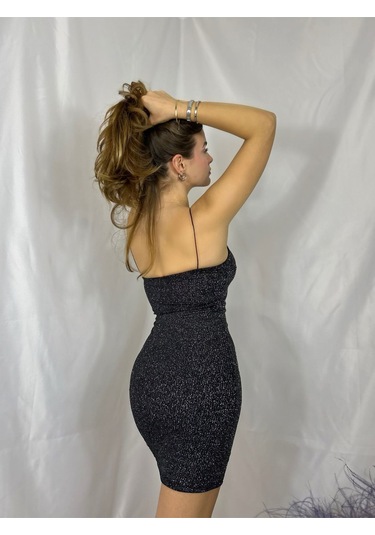Gümüş Simli Ip Askılı Mini Elbise Siyah