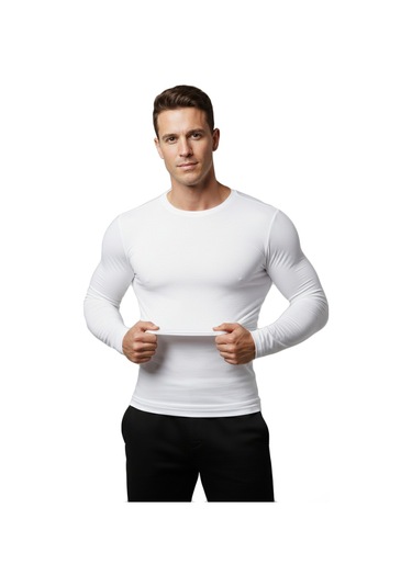 Deepsea Beyaz Dar Kalıp Likralı %90 Pamuk Erkek Sweatshirt Vücuda Oturan İnce Penye Sweat 2300423 Beyaz