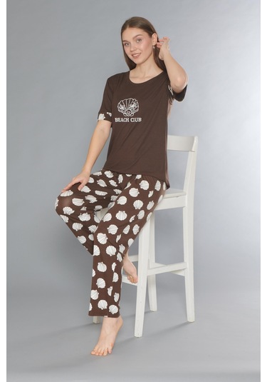 Flz Kısa Kol Yazlık Viskon Pijama Takımı Beach Club Flz 88-110 Kahve