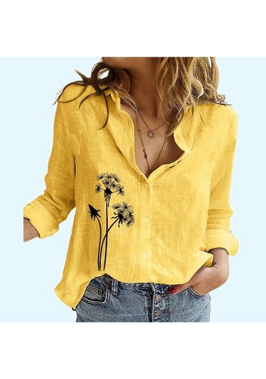 Kadın Moda Çiçek Desenli Keten Üst İlkbahar Yaz&sonbahar Günlük Uzun Kollu Düğmeli Gömlek Bayan Dik Yaka İnce Bluz Sari