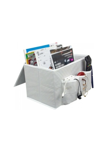 Başucu Düzenleyicisi Gri Çizgili Organizer Kutu Klasik 35x22x22 Cm Gri-beyaz