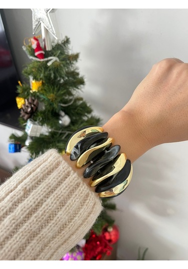 Kadın Siyah Tasarım Akrilik Kemik Gold Detaylı Bileklik Siyah