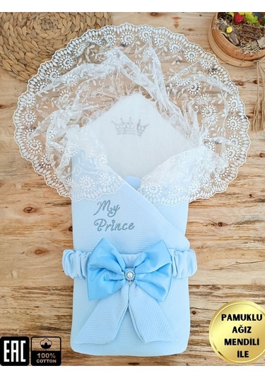 Ekru Erkek Bebek Battaniyesi Dantelli Mevlütlük Hastane Çıkışı Yenidoğan %100 Pamuklu Hediyelik Mavi