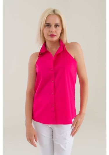 Bold & Young Kadın Fuşya Kolsuz Omuz Açık Likralı Poplin Gömlek 9208 Fuşya