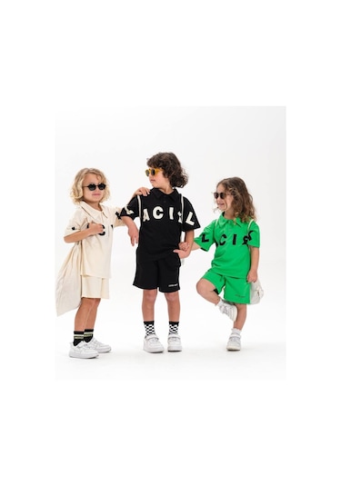 Miniko Kids Laciel Paris Baskılı Yakalı Şortlu Pamuk Takım Siyah