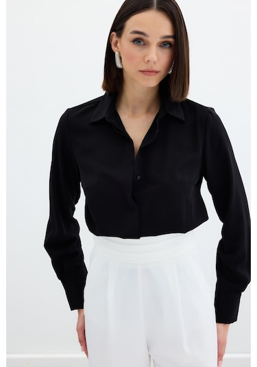 Sateen Klasik Düz Gömlek - Siyah