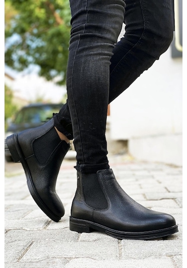 Big King Siyah Kısa Hakiki Deri Erkek Bot